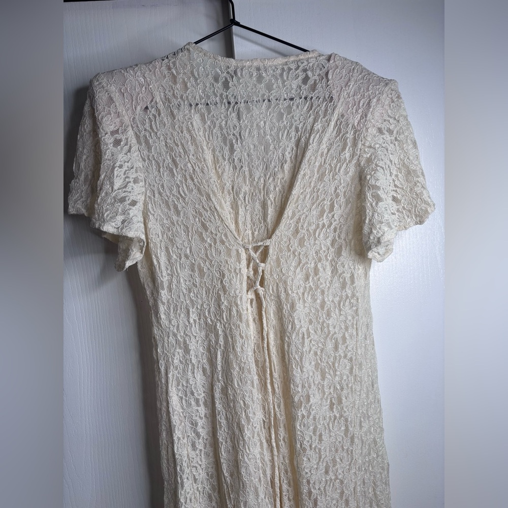 Vintage 90s Ivory Lace Midi Dress Pearl Buttons Cottagecore XL - Picture 5 of 9